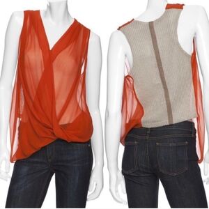Maggie Ward Orange Knit Back Colored Chiffon Top M